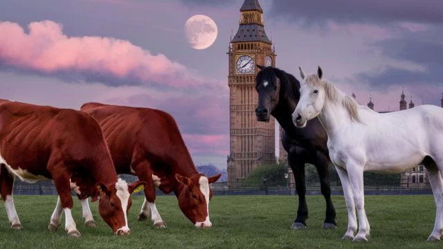 THE RED HEIFERS BIG BEN CLOCK AND THE TWO HORSES LOOSE IN UK